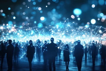 A vibrant digital network illustrates interconnected silhouettes linked by blue light trails. This cosmic scene embodies connectivity and energy, capturing the essence of a digital society.