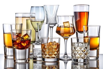 A variety of alcoholic drinks in different glasses, featuring ice and amber hues