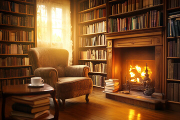 A cozy personal library with overflowing bookshelves creates an inviting atmosphere. The varied books and haphazard stacks reflect a well-loved, literary retreat for any book lover.