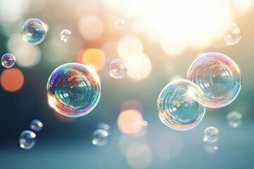 Oversized multicolored soap bubbles shimmer with reflections against a muted background. Their weightless and dreamlike appearance evokes calm and serenity, creating a serene visual experience.