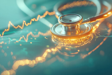 A stethoscope’s tubing transforms into a glowing financial graph, symbolizing the blend of health monitoring and financial oversight at the intersection of healthcare and economics.

