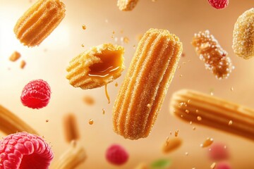Churros defy gravity, floating elegantly while showcasing both whole and broken forms. Their golden exterior contrasts with the soft, inviting interior, emphasizing their delectable appeal.