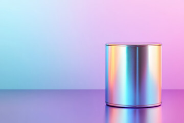 The glossy cylinder in this 3D render glows with iridescent gradients of hot pink, deep purple, and ultraviolet blue. Its bold design and vibrant colors create a strikingly futuristic visual.