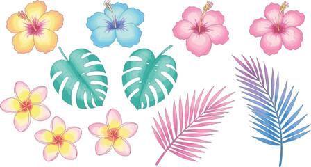 Tropical flowers and leaves set, hibiscus and plumeria clipart, vibrant botanical illustration, exotic summer elements for design, invitations, prints