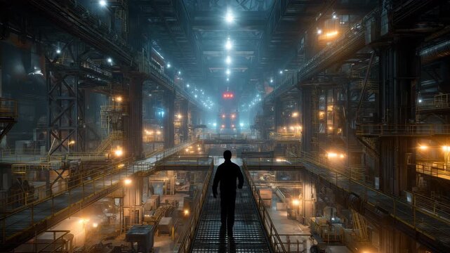 広大な製造工場が天井から見下ろされる精密機械内部