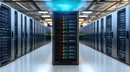 Modern server room with glowing blue hologram above rack, rows of data center equipment in background, futuristic technology visualization for computing power.