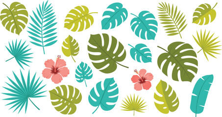 Tropical leaves and hibiscus flowers collection, exotic jungle foliage set, summer nature elements for design, decoration, invitation, print, clipart © Vactor Creatives