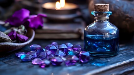 Mystical blue potion in vintage glass bottle with purple flower petals scattered on dark surface, glowing candlelight creates magical spa atmosphere.