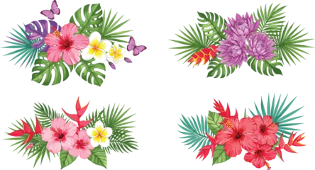 Fotobehang Tropische Bladeren Watercolor tropical floral bouquet set, hibiscus and plumeria with green leaves, exotic summer flower arrangements for design, wedding, invitations, prints  © Vactor Creatives