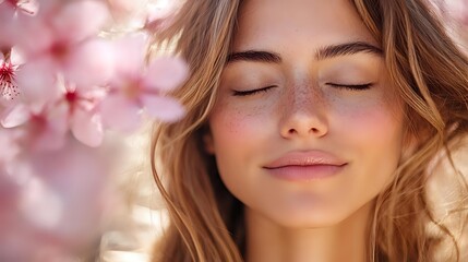 Fototapeta premium Young caucasian woman with freckles and natural makeup smiling peacefully with closed eyes against blooming pink cherry blossoms in soft spring sunlight.