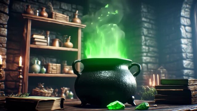 A dark, medieval-style alchemist's workshop with a bubbling cauldron of glowing green liquid