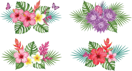 Fotobehang Tropische Bladeren Watercolor tropical floral bouquet set, hibiscus and plumeria with green leaves, exotic summer flower arrangements for design, wedding, invitations, prints  © Vactor Creatives