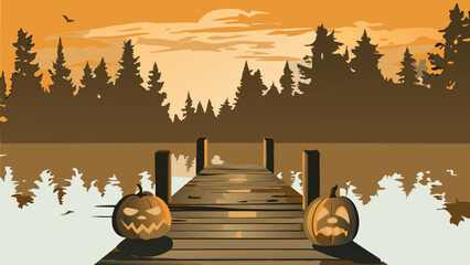 Halloween night scene with pumpkins on a wooden dock overlooking a lake and silhouetted forest