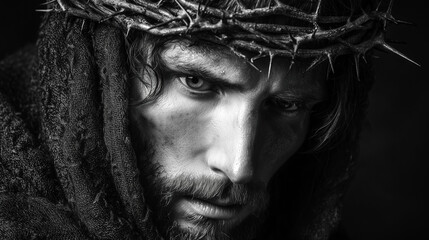 Black and white portrait of Jesus Christ wearing a crown of thorns and woven cloak. Intense expression and lighting evoke Christian themes of sacrifice, suffering, and spiritual reflection.