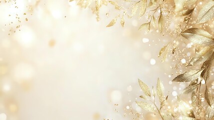 Elegant golden leaves and bokeh lights create magical festive background with soft focus and dreamy atmosphere. Suitable for holiday designs and celebrations.