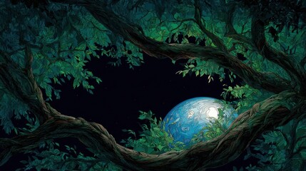 Verdant tree branches frame a blue planet in a dark, starry sky