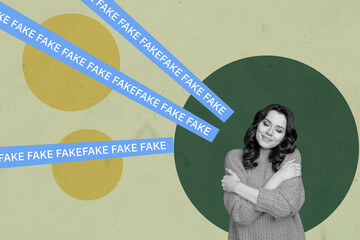 Creative full artwork pop collage of happy puzzled girl listen fake news propaganda fishing spam...