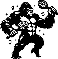 Solid Black Silhouette of a Gorilla Wearing a Traditional Mexican Sombrero 