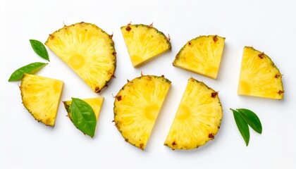 Eight vibrant pineapple slices with golden flesh and brown rind, scattered alongside green leaves against a white background—evoking tropical vitality, fragmented sweetness, and nature’s geometric ind