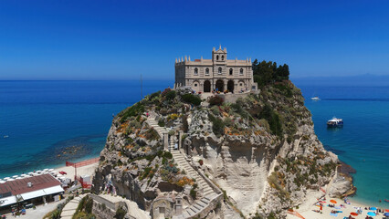 Aerial view of the Sanctuary of Santa Maria dell'Isola, a beautiful church located on a small...