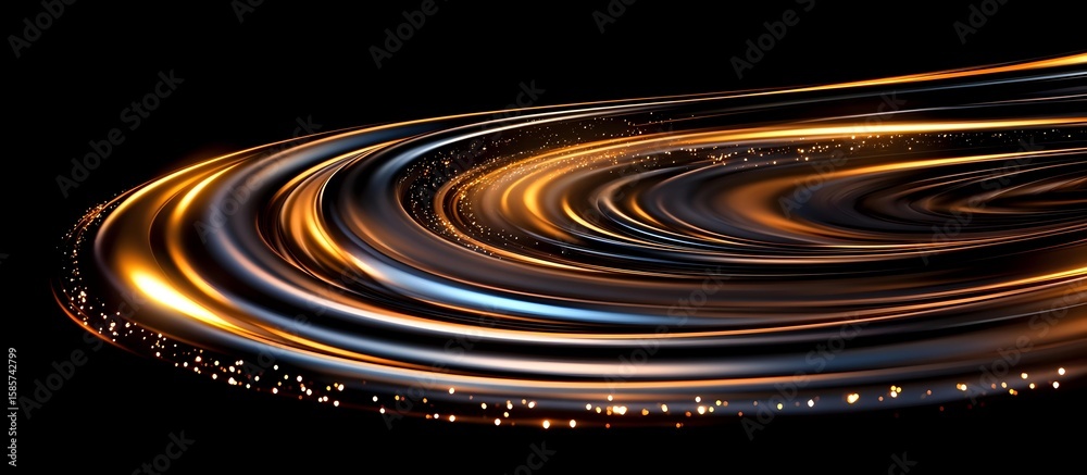Poster glowing spiral light trails with golden and silver streaks swirling in circular motion against dark 