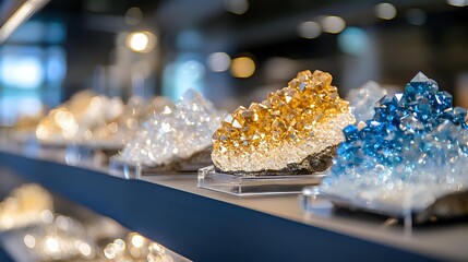 Sparkling crystal clusters in white, golden yellow and blue tones displayed on modern stands against dark background, luxury mineral specimen collection.