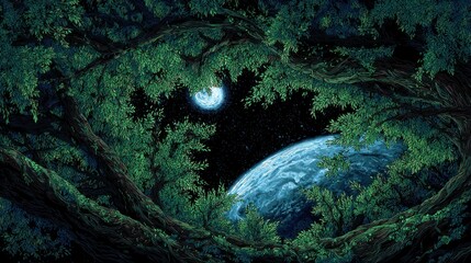 View of planets from trees' canopy, looking upwards into a star filled night sky