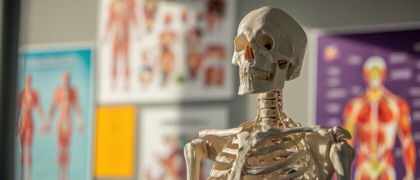 The anatomical skeleton model in a classroom with educational posters.