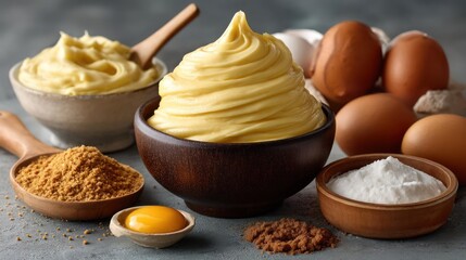Fototapeta premium Whipped cream ingredients: eggs, cocoa, sugar, and cream.