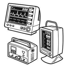 Trio of Medical Monitoring Devices Displaying Vital Signs Data in Black and White
