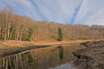 Vesdre river along a sunny winter forest with pine trees and bare birches reflecting in the water. Eupen, East Belgium 