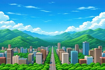 Vibrant cityscape with lush green mountains and a clear blue sky