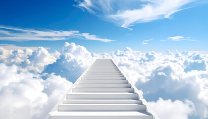 White Stairway Ascending into a Blue Sky and Fluffy Clouds