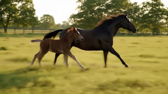 Mother mare and baby foal horse running together through a beautiful green meadow in slow motion