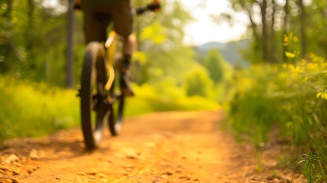 Mountain biker rides down a sun drenched dirt trail surrounded by lush greenery