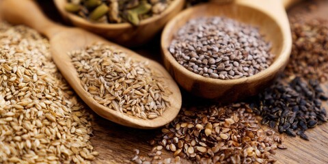 Naklejka premium A colorful display of grains and seeds, perfect for healthy eating and food photography.