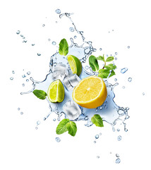 Water Splash With Mint Leaves, Ice Cubes And Slices Of Limes