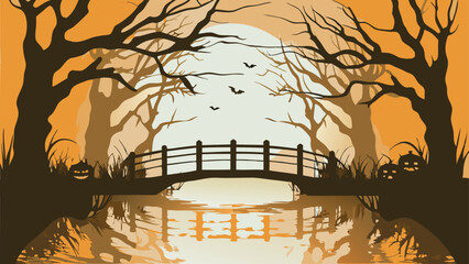 A spooky halloween scene with a bridge over water and bats flying under a full moon and pumpkins