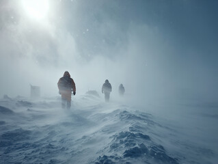 Explorers hiking through arctic blizzard in snowy landscape