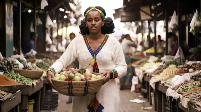 A beautiful Ethiopian woman in traditional dress walks through a bustling outdoor food market carrying a basket of fresh vegetables.