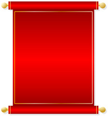 Realistic Red Scroll with gold trim graphic element, notice or announcement illustration isolated on a transparent background