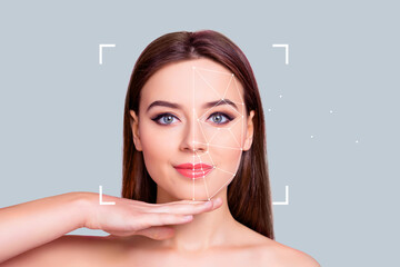 Sketch image trend artwork photo collage of young lady smile hand posing line face mask modern...