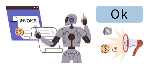 Robot managing invoice processing and marketing, featuring an invoice window, analytics icons, and a megaphone. Ideal for finance, automation, AI, marketing, technology business strategy cost