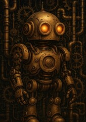 Obraz premium Steampunk robot with glowing eyes.