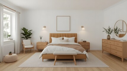 Modern Minimalist Bedroom Interior: Calming Beige and Tan Decor, Natural Light, and Stylish Furniture.