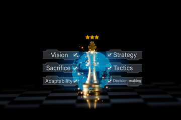 Golden chess knight with financial graphs on chessboard, symbolizing strategy, market analysis, and investment planning. © Viriyastock88