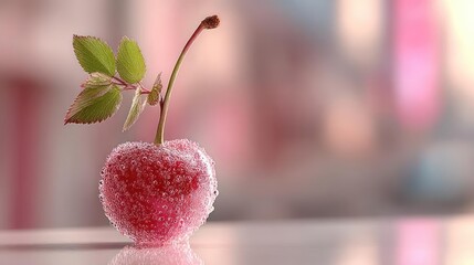 Close-up of a cherry covered in dewdrops.