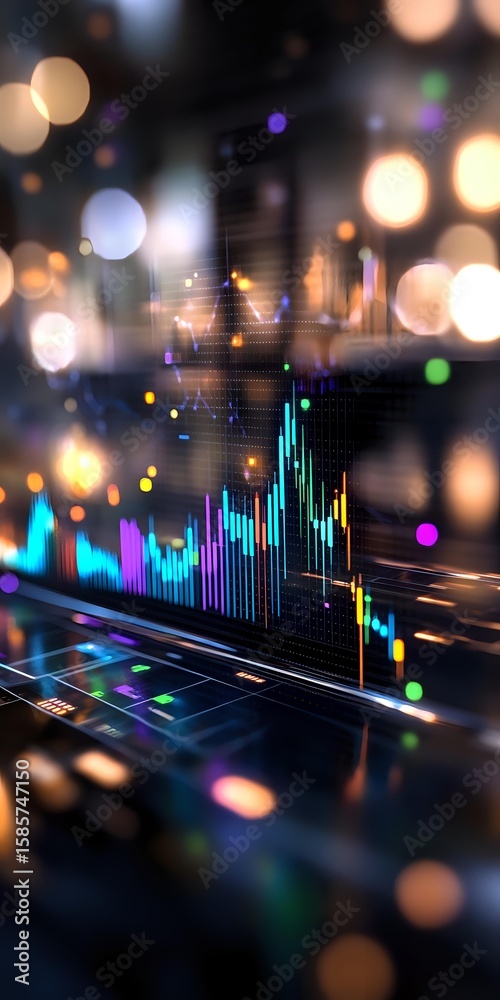 Poster Financial data visualization with colorful stock market charts and graphs on dark background with bokeh light effects and glowing elements.