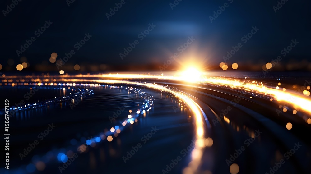 Poster glowing light trails curve along dark background with blue and orange bokeh effects creating dynamic
