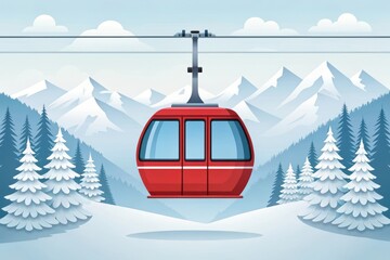 Red ski gondola ascends through snowy mountain landscape with pine trees